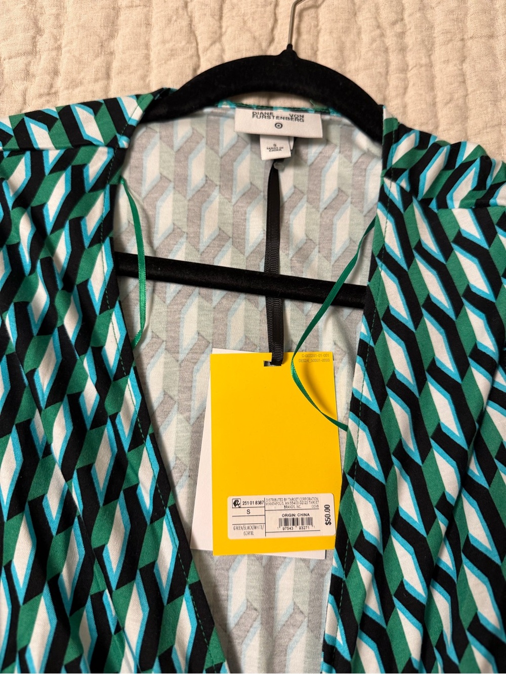 Diane Von Furstenberg Green, Teal and Black Geometric Midi Dress